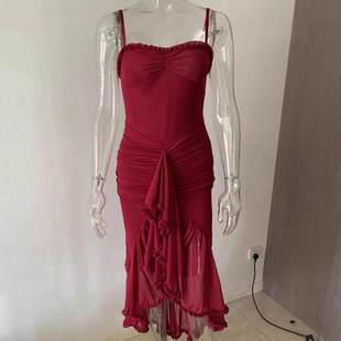 欧美风INS气质黄色吊带花边长款 不规则裙摆连衣裙低胸辣妹吊带裙