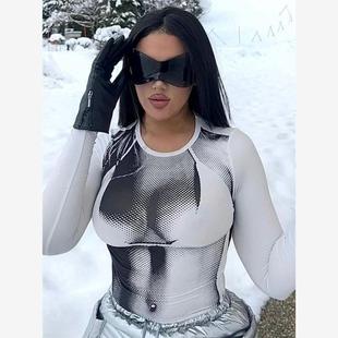 欧美风ins网红性感辣妹印染紧身长袖打底衫T恤上衣内搭潮牌