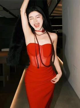 纯风辣妹性感抹胸红色包臀连衣裙氛围感生日party约会礼服战裙