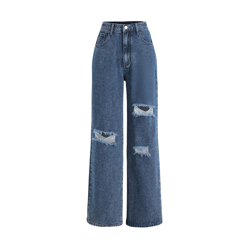 WOMEN JEANS long pants 欧美牛仔裤蓝色破洞洗水直筒长裤女