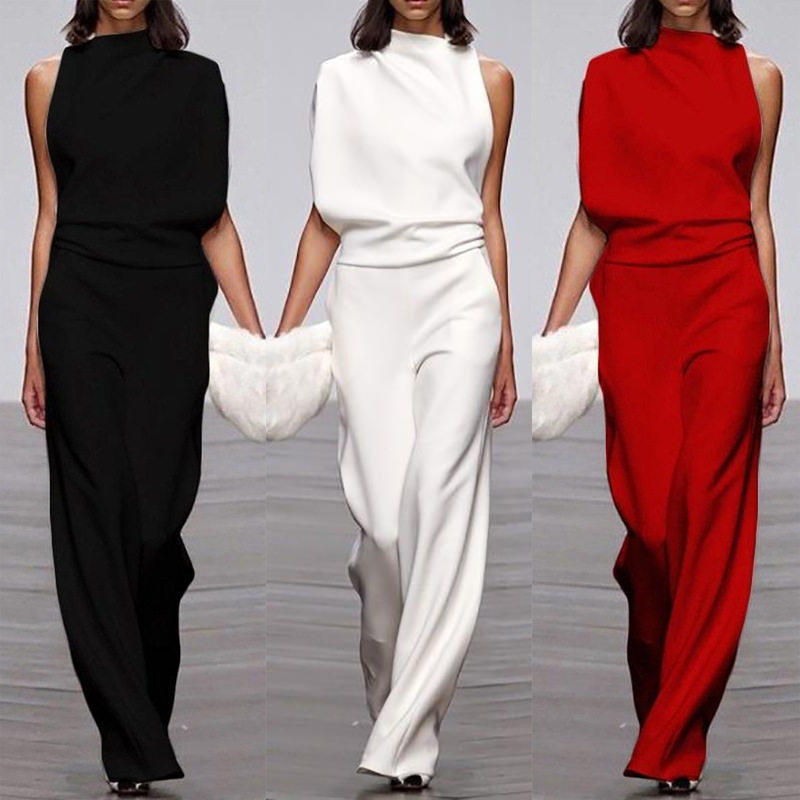 women evening sexy long jumpsuit 欧美单肩袖休闲通勤连体裤