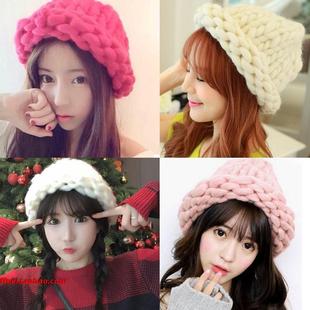 utumn女2024winter粗棒针毛线帽 women渔夫帽knit新hat大麻花卷边