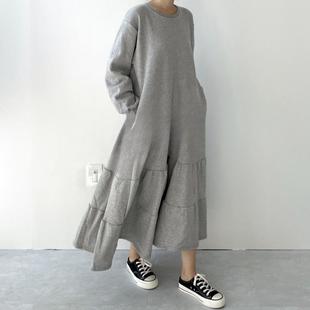 跨境外单日系春夏卫衣连衣裙女荷叶边裙摆宽松中长裙灯笼袖 过膝裙