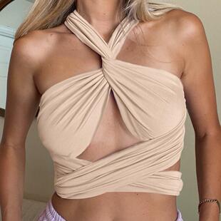 亚马逊欧美女装 纯色性感百变挂脖裹胸绑带抹胸上衣 新款 2021春夏季