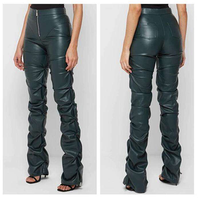 women leather pants 欧美时尚紧身PU皮长裤 个性缩折微喇裤