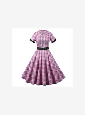 速卖通2021新款休闲短袖西服领修身复古格纹印花连衣裙配腰带女