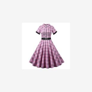 复古格纹印花连衣裙配腰带女 西服领修身 速卖通2021新款 休闲短袖