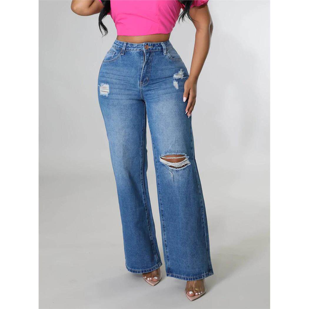 women jeans loose long pants 2023新款破洞牛仔裤女直筒裤 长裤