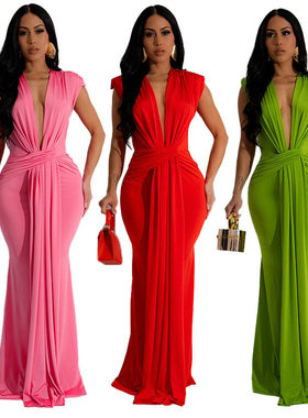 women sexy bandage dress 纯色高腰长裙深V领性感短袖连衣裙