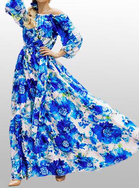 2022外贸欧美亚马逊长裙春秋碎花抹胸一字领露背气质度假连衣裙