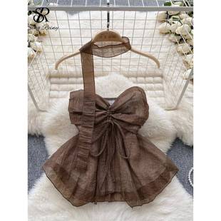 Bow Fashion Halter Vest Backless Lace Shoulder Top Off