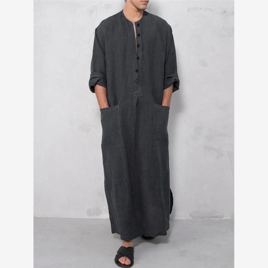 Men's loose stand collar door barrel long sleeved Robe男长跑