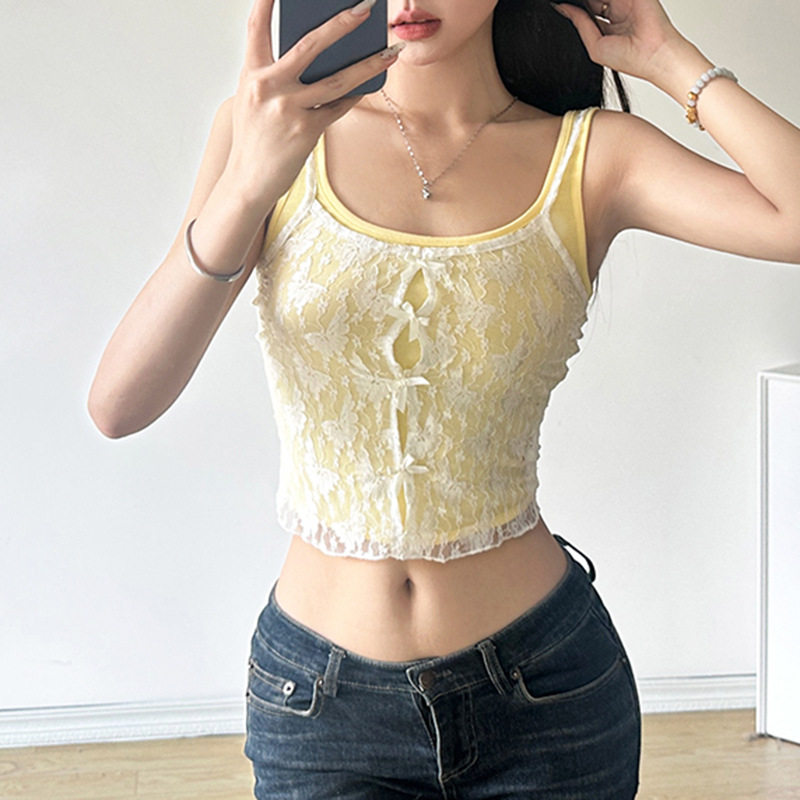 小清新少女蕾丝拼接黄色蝴蝶结吊带背心多巴胺纯欲百搭叠穿两件套
