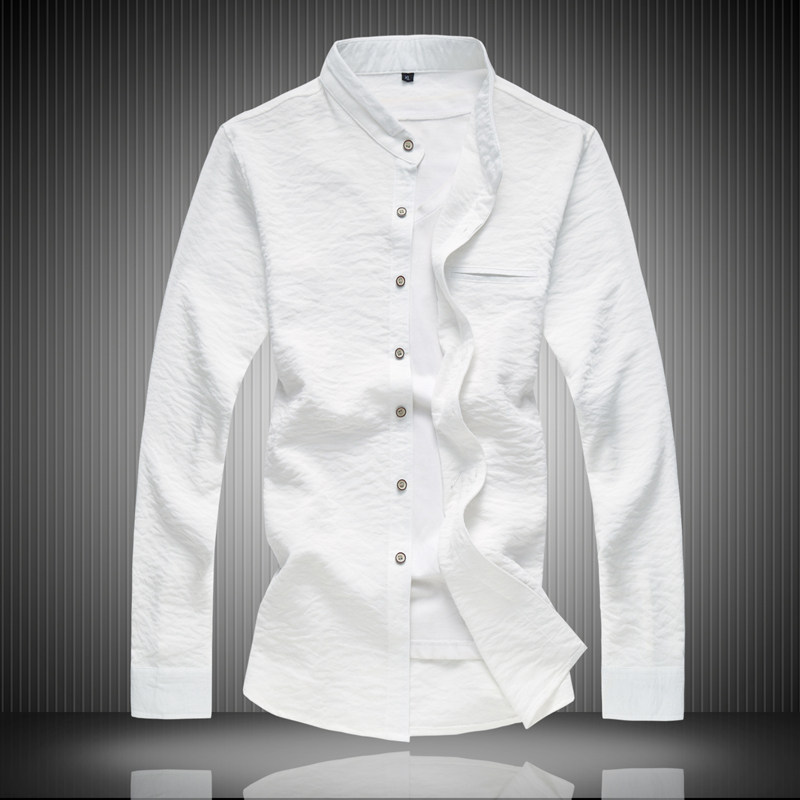 秋季新款亚麻立领长袖衬衫男韩版修身加肥大码打底潮男装胖子寸衫