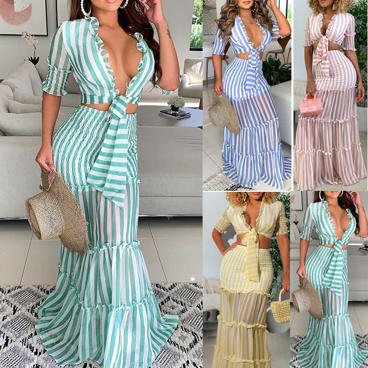 Women's two piece striped perspective slim sexy dress连衣裙