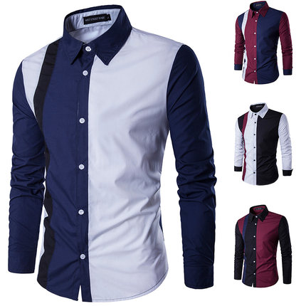 men casual dress shirts男士拼接长袖衬衣韩版修身青年长袖衬衫