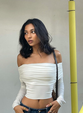 Women Off Shoulder T-shirt Long Sleeve Slim Fit Crop Top Y2K