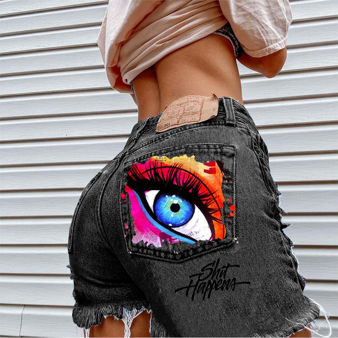 fashion  eye  print  ripped  jeans  时尚印花破洞口袋牛仔短裤