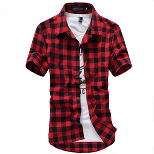男短袖 肩章休闲衬衣 衫 Men shirts 夏日清凉格仔衬衫 Plaid 韩版