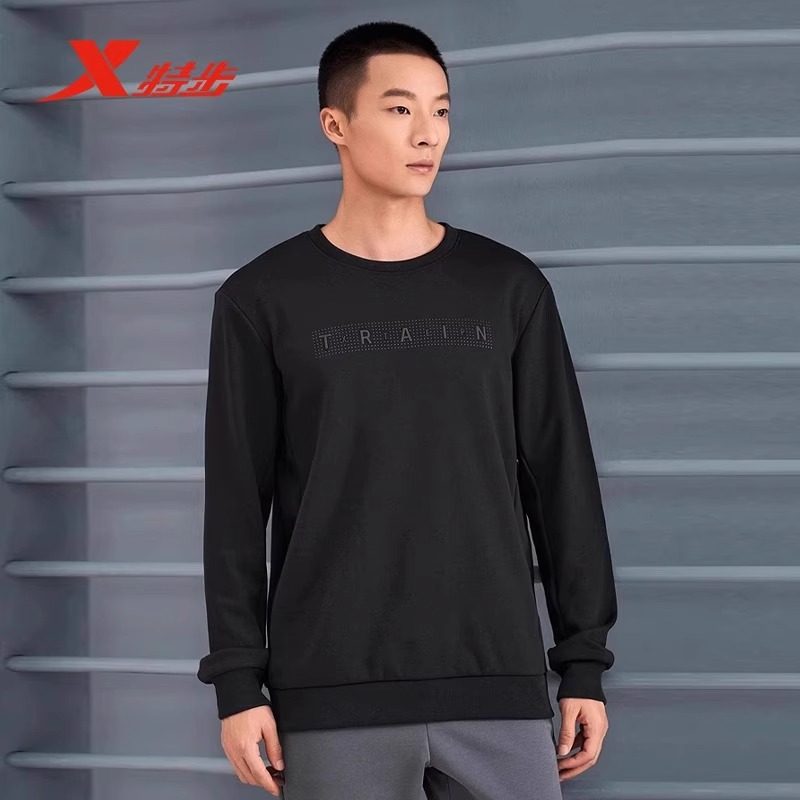 特步加绒卫衣男款2024冬季新款运动休闲保暖加厚黑色字母套头衫