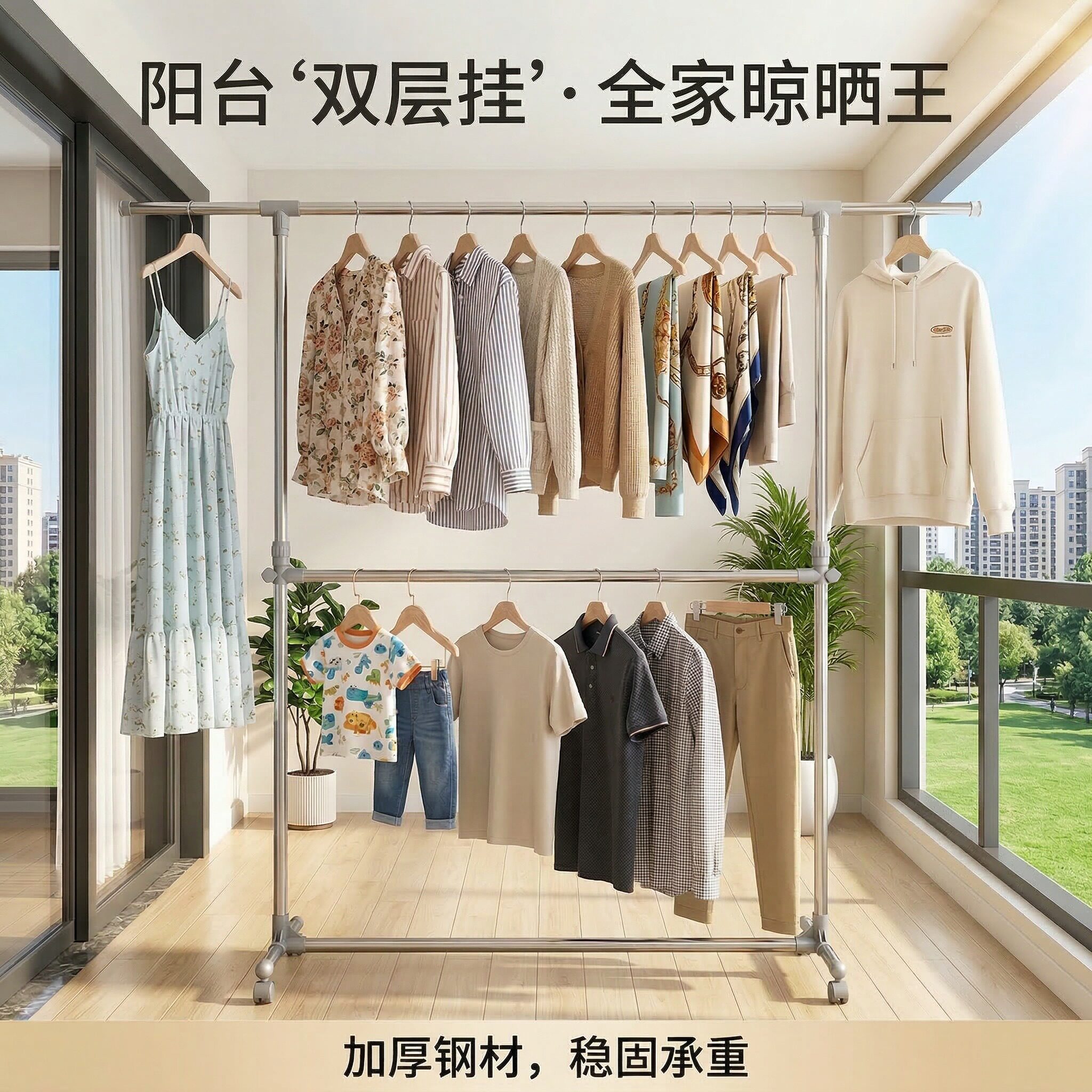 不锈钢晾衣架落地家用阳台双层挂衣架单杆加厚晒被子移动上下层