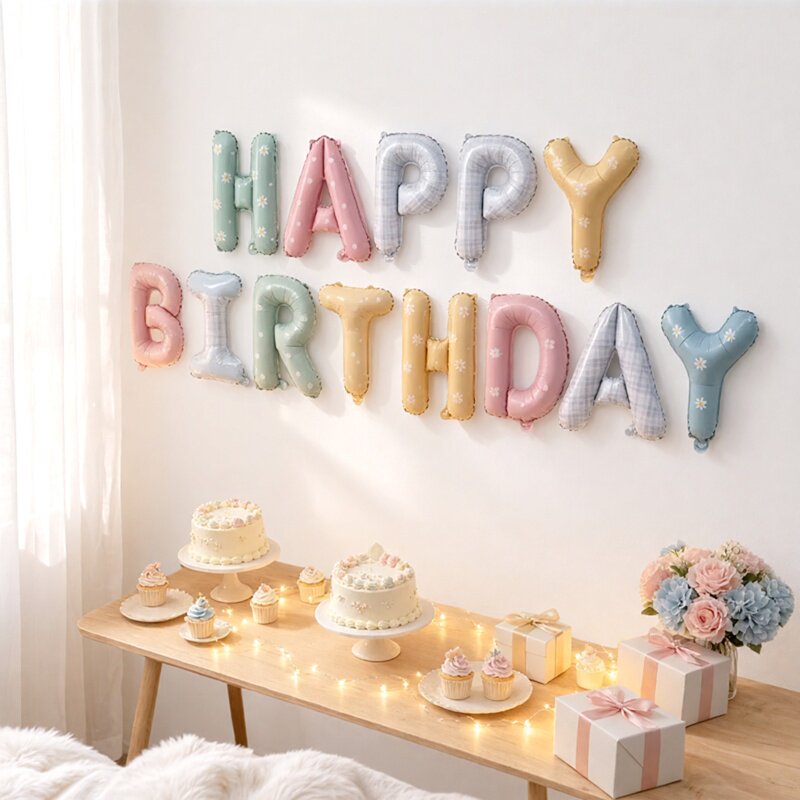 小香风生日快乐字母气球周岁派对装饰小清新系列粉色蓝色生日铝膜