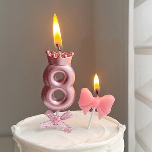 韩系粉色蝴蝶结数字蜡烛蛋糕装饰可爱小仙女神生日派对甜品插件