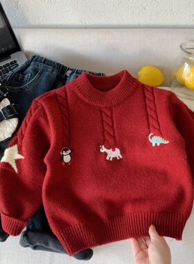 英国KABEI TREE儿童红色毛衣男童女童冬季加厚针织打底宝宝拜年服