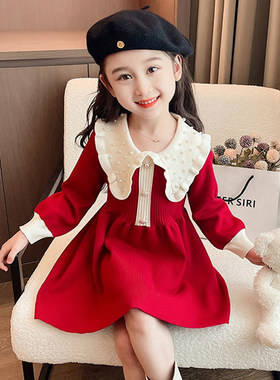 英国KABEI TREE儿童红色连衣裙春秋季女童珍珠裙子针织过年拜年服