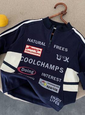 英国KABEI TREE男童卫衣春秋款帅气印花童装半拉链运动风套头上衣