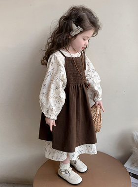 英国KABEI TREE女童连衣裙春秋季长袖碎花裙子宝宝洋气中长裙套装