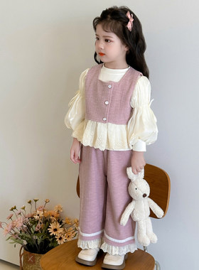 英国KABEI TREE女童套装2026新款儿童春装女孩花边洋气时髦三件套