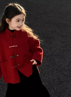 英国KABEI TREE女童红色双面呢大衣新中式冬季加厚保暖新年拜年服