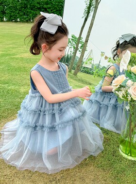 英国KABEI TREE女童连衣裙夏2026新款公主风洋气无袖牛仔蓝色纱裙