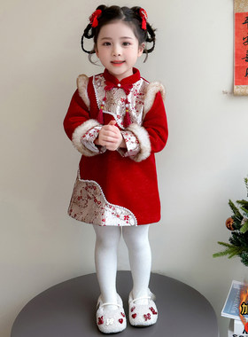 英国KABEI TREE儿童红色连衣裙秋冬季新年新款中式国风裙子拜年服