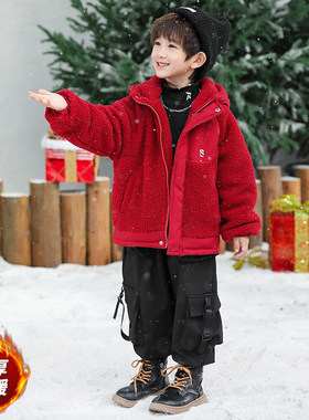英国KABEI TREE红色男童外套冬季装羊羔绒超好看加绒加厚保暖夹棉