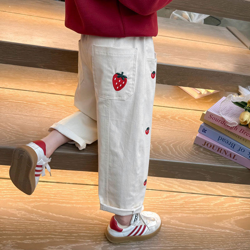 英国KABEI TREE女童休闲裤2026新款春秋季草莓宝宝直筒宽松裤子潮