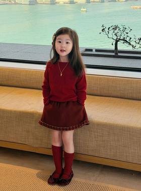 英国KABEI TREE女童新年套装红色针织宝宝过年服保暖冬季2026新款