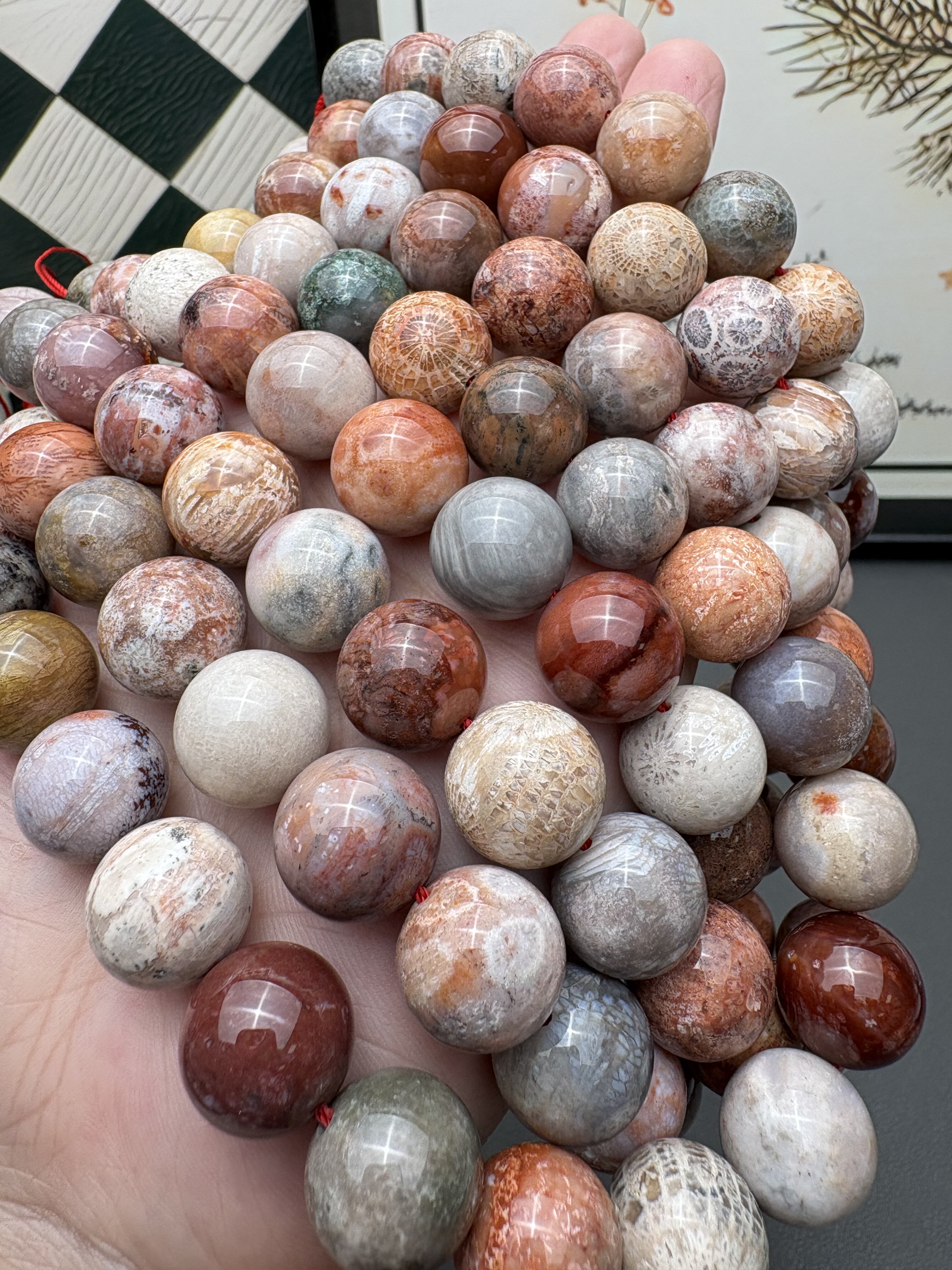 天然A级高瓷珊hu玉菊花石圆珠diy手串项链搭配半成品 约14～15mm