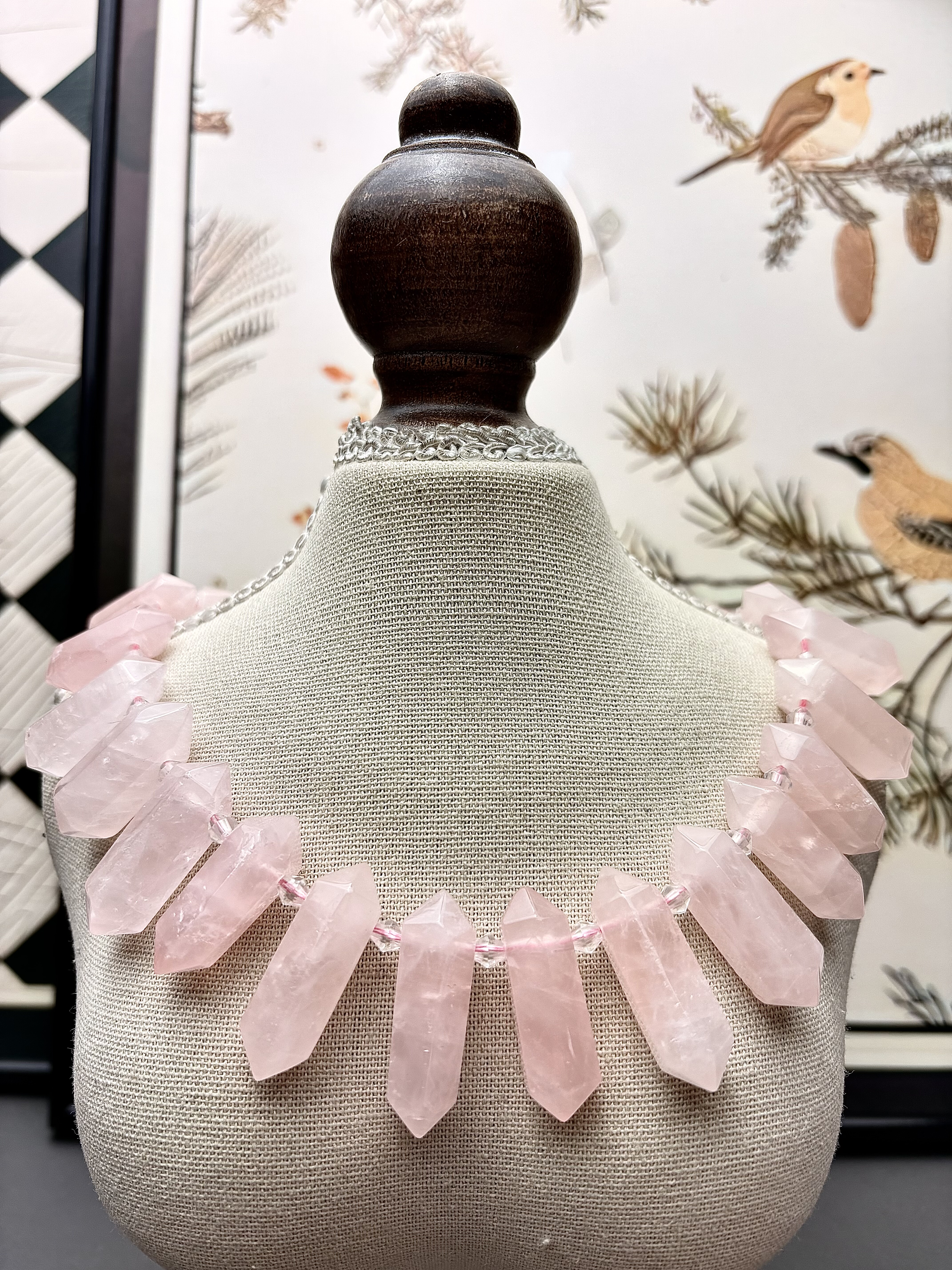 天然粉水晶手工双尖珠边孔半成品diy手串项链搭配 约20～35mm