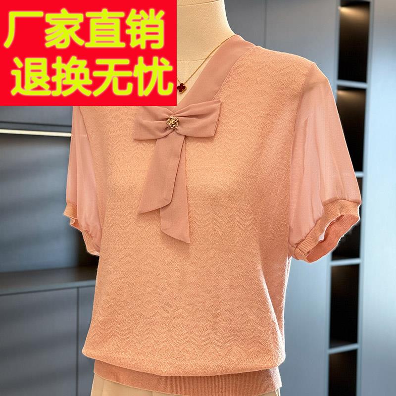 时尚气质妈妈装雪纺拼接针织衫女2025年夏装新款上衣减龄T恤短袖