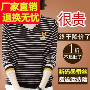 2妈款妈203新桑蚕丝长袖T恤女洋小衫早春秋装针织打底条EZB纹上派