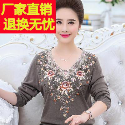 上海品牌100纯羊毛衫女中老年妈妈装短款套头高级珠绣打底衫毛衣