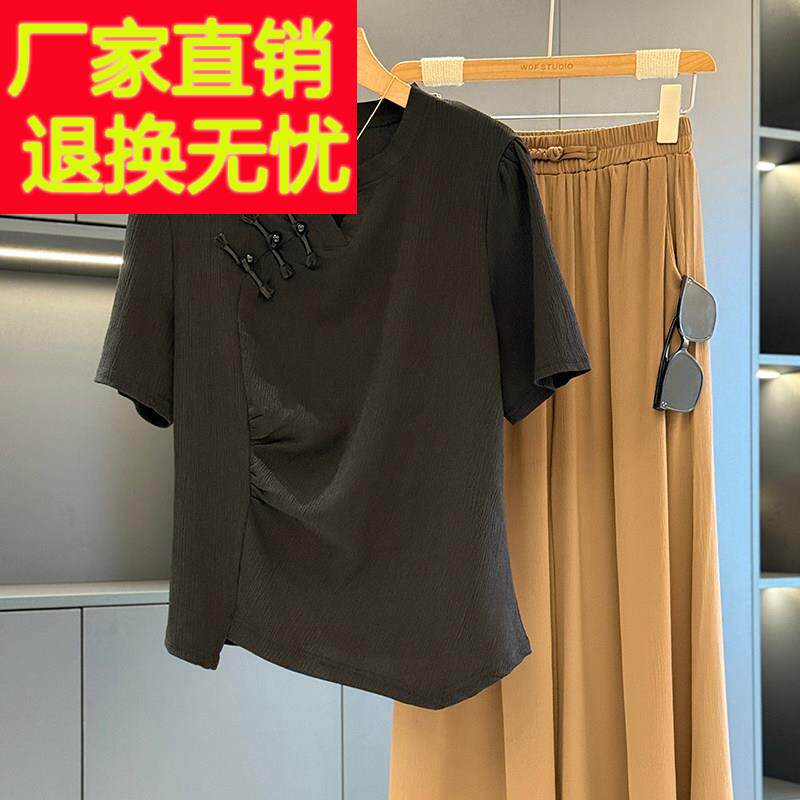中国风妈妈装雪纺套装女短袖2025夏装新款气质中老年阔腿裤两件套