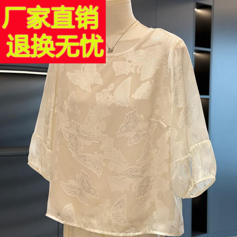 时尚中国风妈妈装七分袖雪纺衬衫女夏装新款上衣减龄洋派中年衬衫