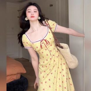 碎花收腰连衣裙子 便宜方领显瘦短袖 1688阿里巴巴外贸女装 出口夏季