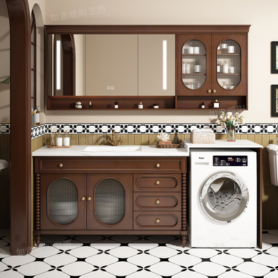 美式实木岩板陶瓷盆一体柜定制