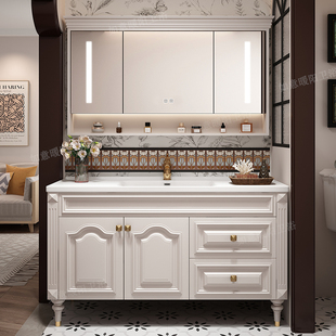 美式实木浴室柜组合陶瓷一体盆洗脸洗手盆卫生间落地式洗漱台定制