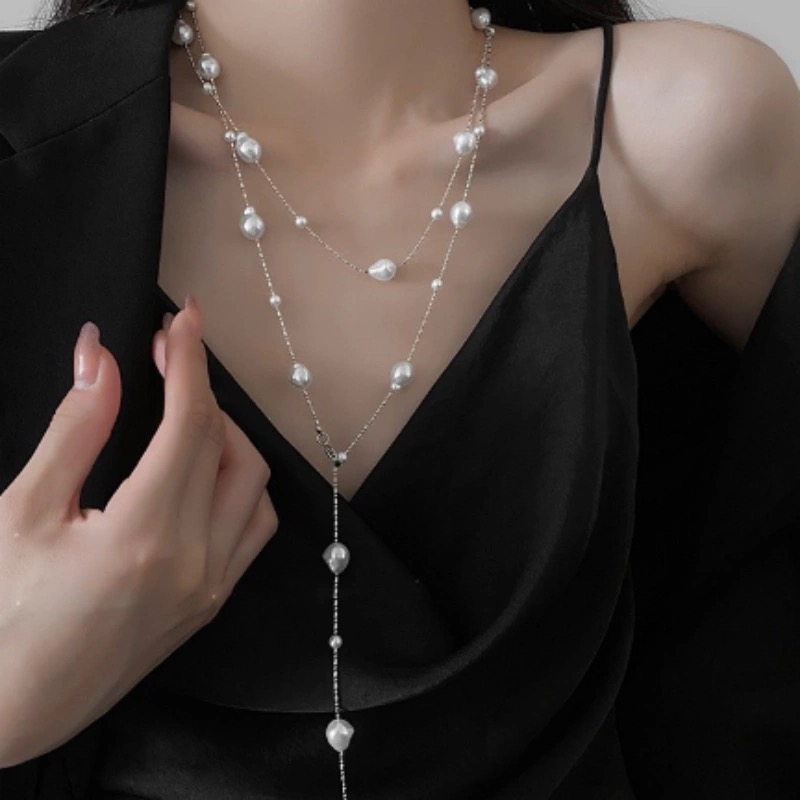 合金材质长款珍珠流苏项链女