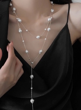 合金材质长款珍珠流苏项链女